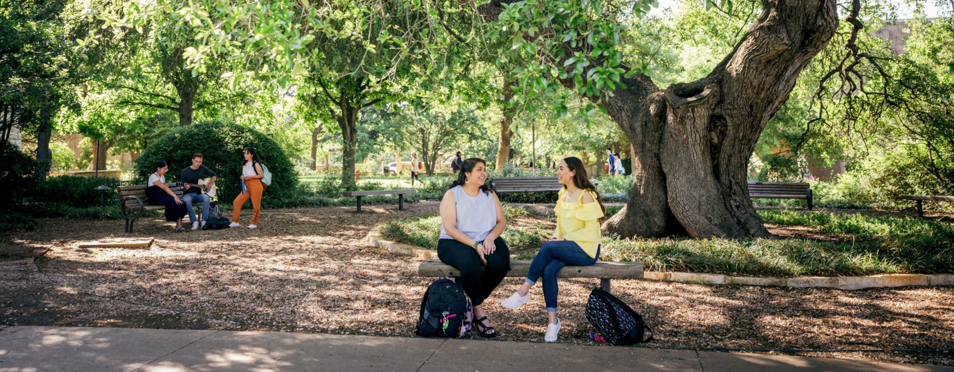 Two students sit on a bench with their backpacks on the ground while they chat as three other students hang out on a bench in the background.