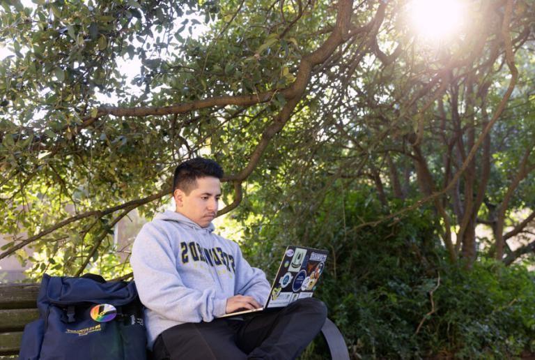 A student wears a St. Edward's sweatshirt and sits on a bench with a backpack beside them and types on their laptop. Sunlight comes through the tree branches behind the student.