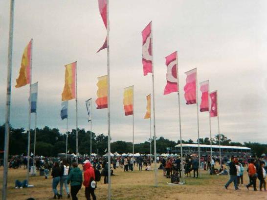 Rows of pink and yellow flags over a crowd of people