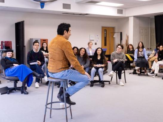 Actor and former student Gabriel Luna speaking with visiting students during Scholarship Audition Weekend.