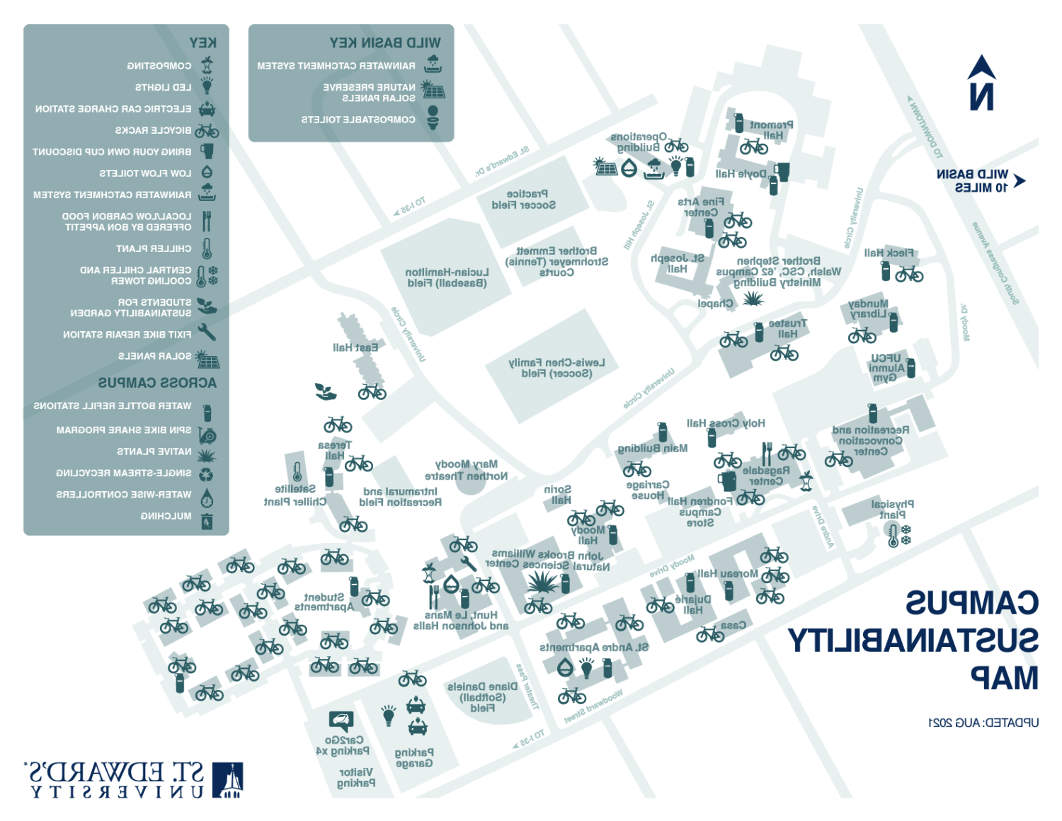 The image titled "校园的可持续发展 Map" for St. 爱德华大学(日期为2021年8月)在校园内采取了各种可持续发展举措和特色. 符号代表堆肥厕所, 自行车架, 水瓶加气站, 太阳能电池板, 和更多的.